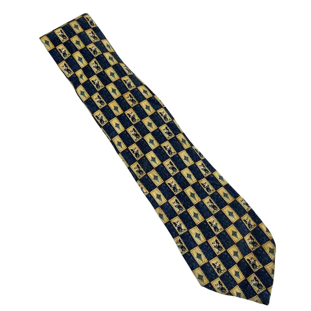 Vintage Disney Navy Blue Check Mickey Mouse 100% Silk Novelty Neck Tie 90s